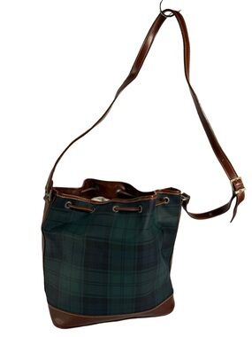 Green Plaid Bucket Shoulder Bag with Brown Leather Trim
